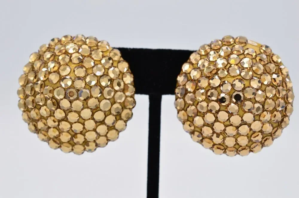 Vintage Crystal Clip Earrings Sparkling Brown Rhinestone Round Chunky 1980s 9L